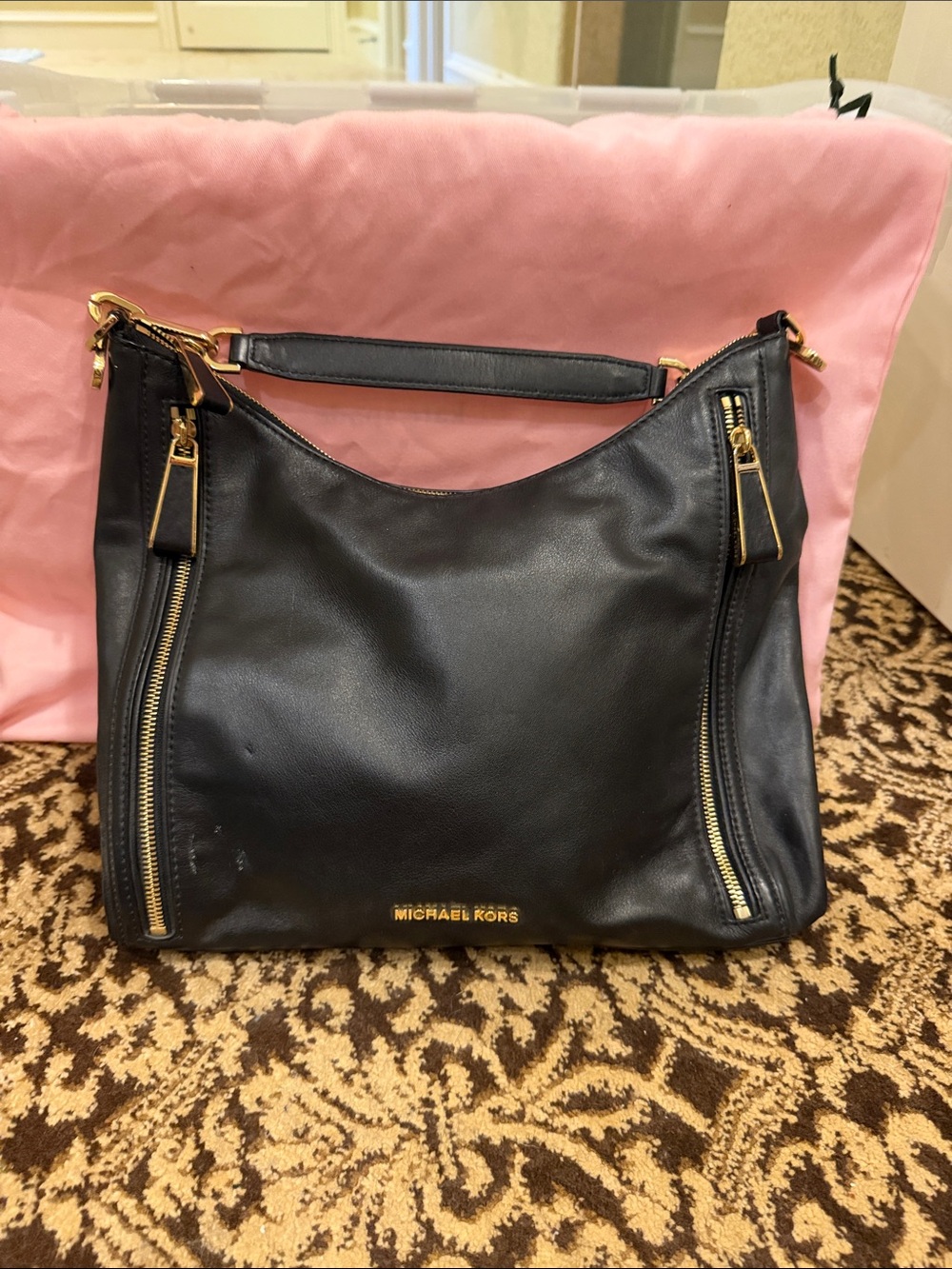 Michael Kors Black Leather Shoulder Bag with Gold Accents